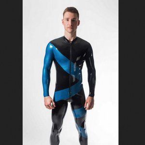 Latex101Helix Catsuit MetallicBlue/Black 5-Thru-Zip SzM New/Tags